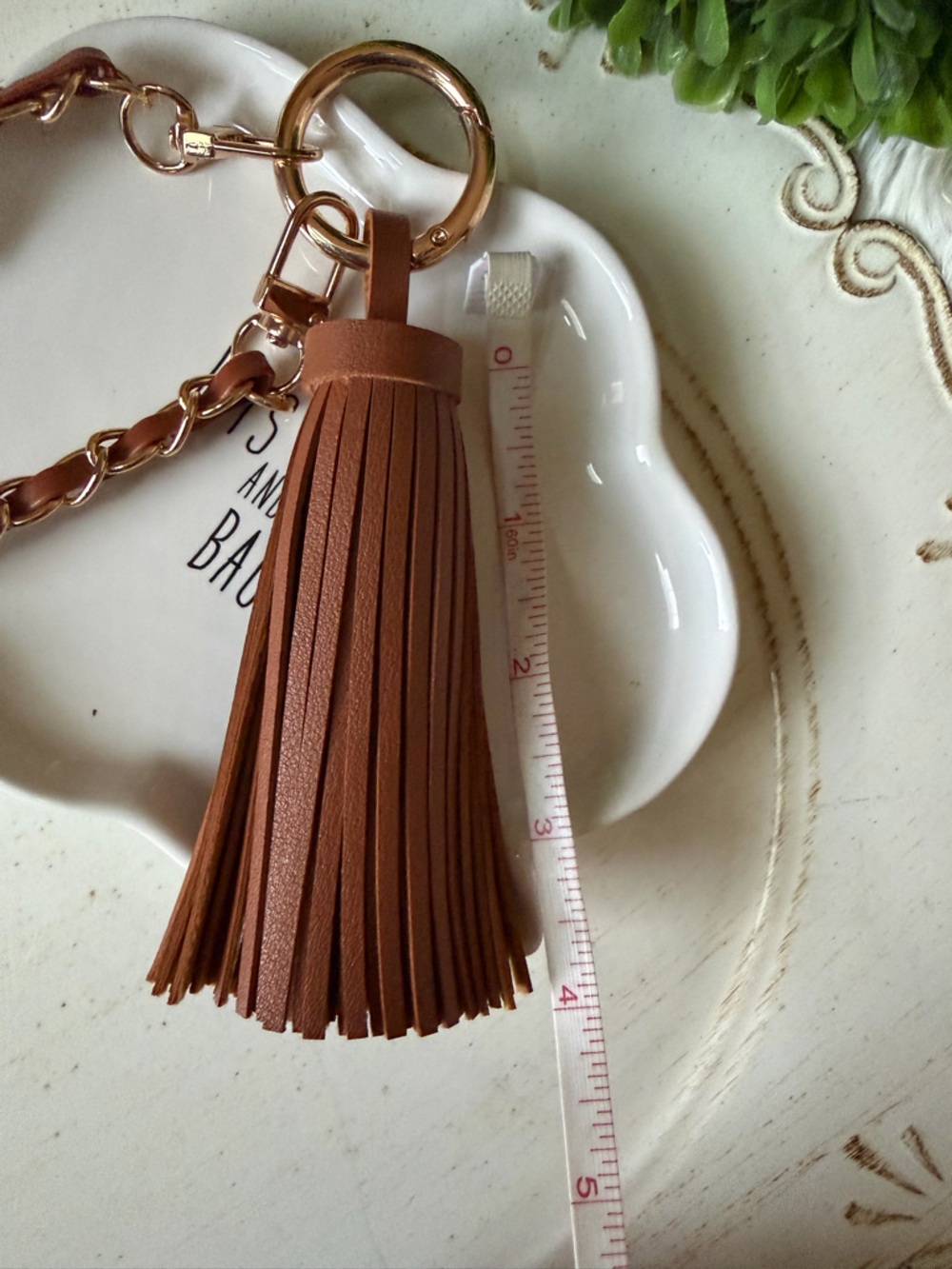 Brown Faux Leather Tassel Keychain with Gold Chain - Picture 6 of 7